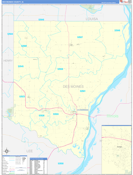 Des Moines County, IA Zip Code Map